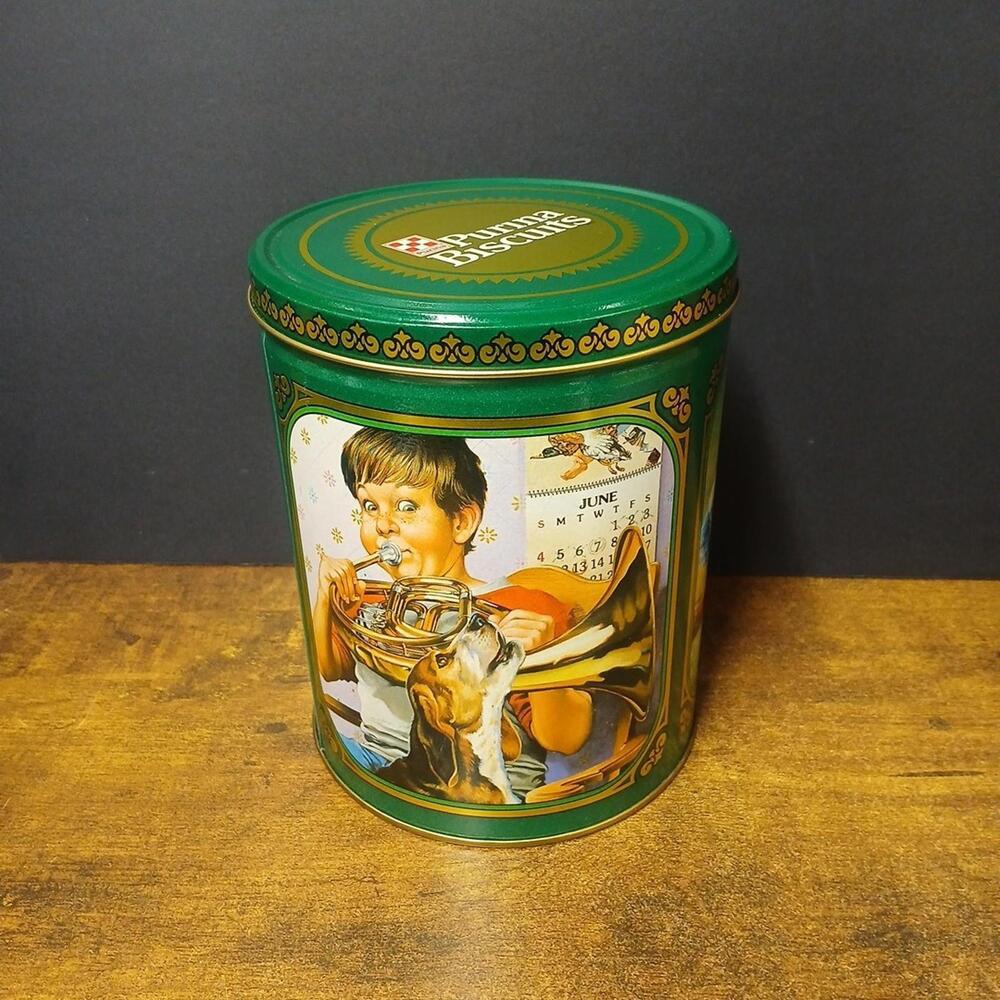 Vintage Purina Dog Biscuits Metal Tin Canister Treat Container w/ Lid 1989